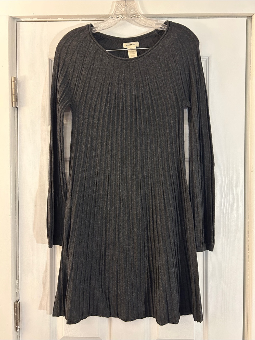 Max Studio Charcoal Ribbed Long-Sleeve A-Line Dress